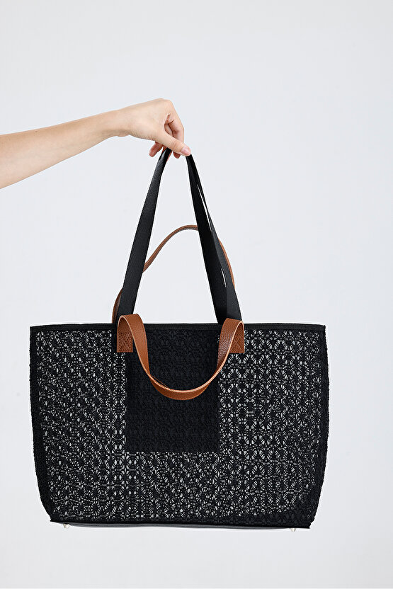 Kadın Siyah Dantel Desenli Büyük Boy Plaj Ve Alışveriş Shopper Tote Omuz Çantası