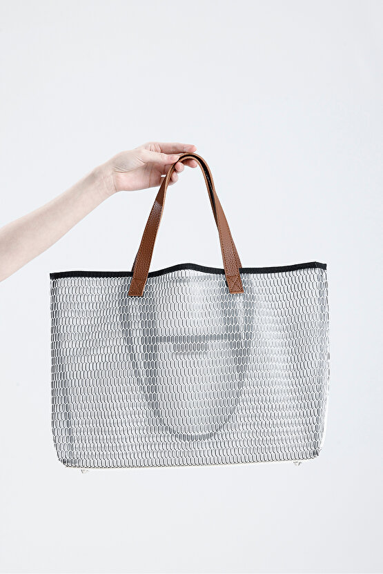 Kadın Beyaz Petek Desenli Şeffaf Büyük Boy Plaj Ve Alışveriş Shopper Tote Omuz Çantası