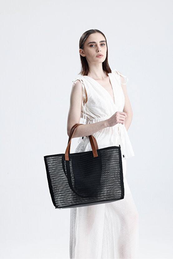 Kadın Siyah Petek Desenli Şeffaf Büyük Boy Plaj Ve Alışveriş Shopper Tote Omuz Çantası