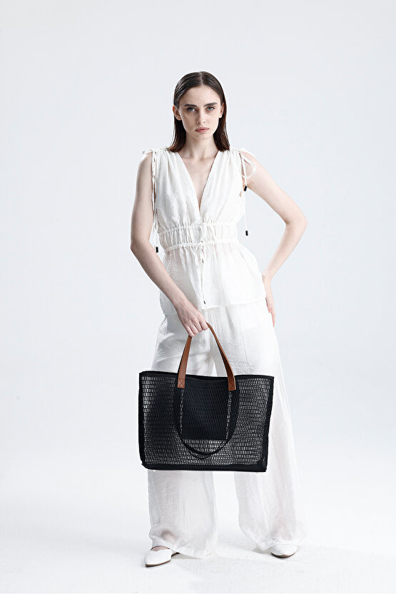 Kadın Siyah Petek Desenli Şeffaf Büyük Boy Plaj Ve Alışveriş Shopper Tote Omuz Çantası