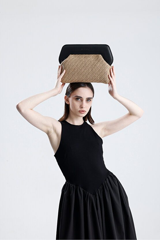 Heybes Kadın Siyah Çerçeveli Balık Sırtı Jüt Clutch El Çantası