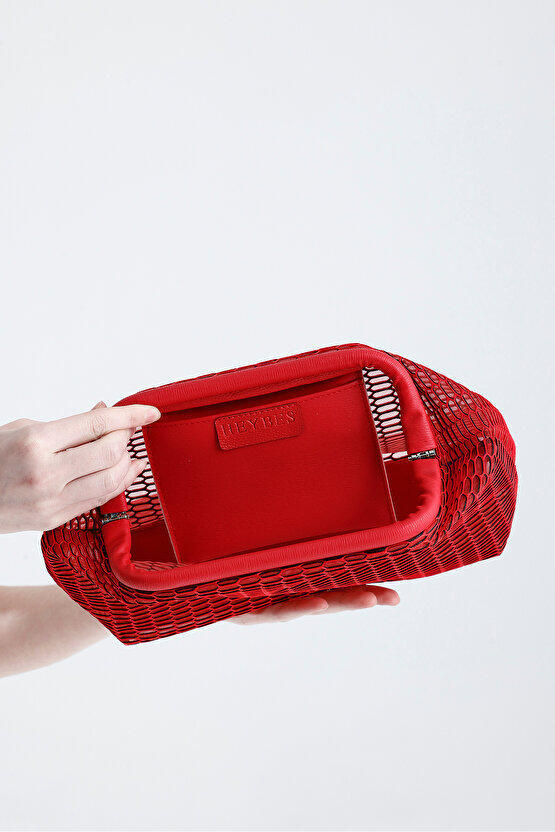 Heybes Kadın Kırmızı Petek Desenli Şeffaf Clutch El Çantası