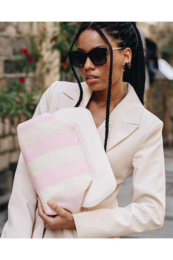 Heybes Kadın Pembe Çizgi Desenli Kanvas Clutch El Çantası