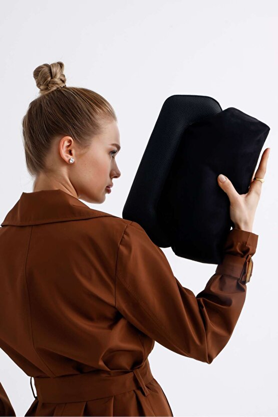 Heybes Kadın Siyah Deri Detaylı Süet Clutch El Çantası