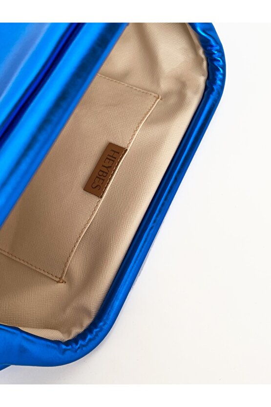 Heybes Kadın Mavi Parlak Dokulu Deri Clutch El Çantası