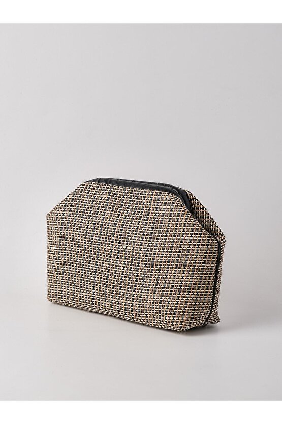 Heybes Kadın Siyah Biyeli Çizgili Jüt Hasır Clutch El Çantası