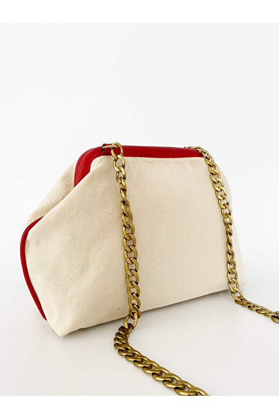 Heybes Kadın Kırmızı Biyeli Kanvas Keten Zincirli Omuz Çantası