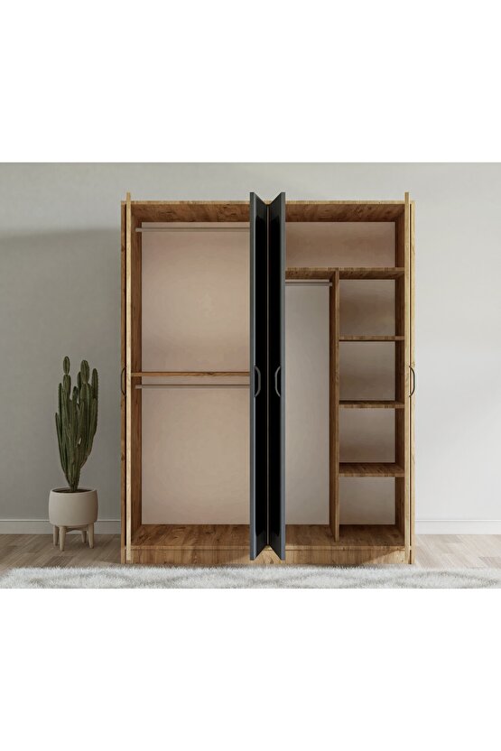 Simeno 4 Kapılı Çift Aynalı Gardrop Çam-Antrasit