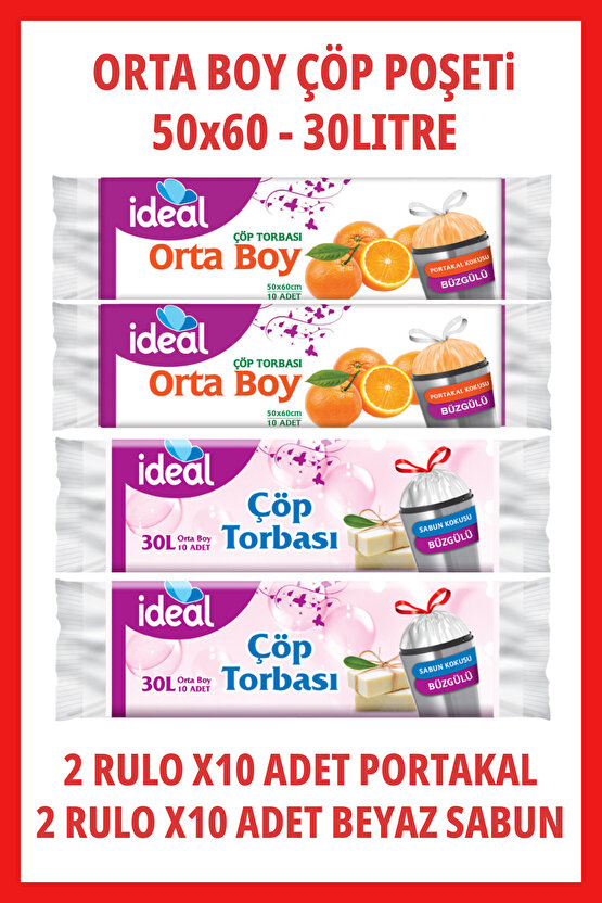 Ideal Kokulu Büzgülü Orta Boy Çöp Poşeti 4 Rulo 50x60cm 30Litre (2xPortakal, 2xBeyazSabun)
