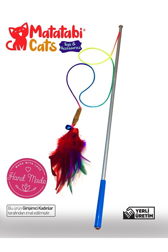 Doğal Matatabi Çubuklu, Tüylü Çıngıraklı Kedi Oltası Kedi Oyuncağı 50cm