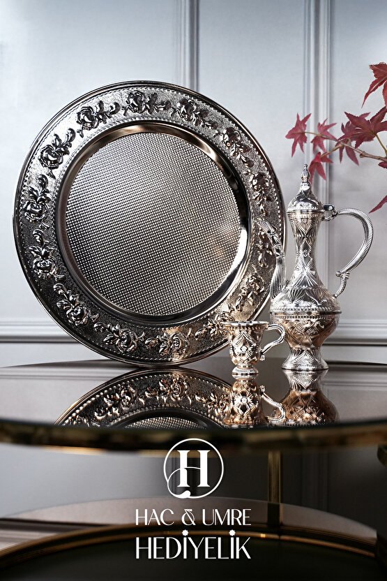 Gümüş Zemzem Takımı | 6 Kişilik Zemzem Sunum Seti | Zemzem Tepsisi, İbrik ve Fincan Seti