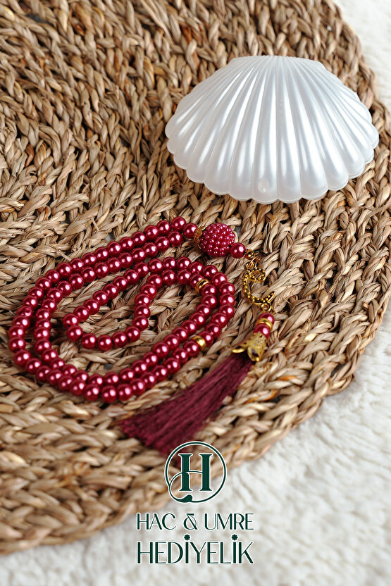 Tesbih Hediyelik | Özel Gün Davet Hediyesi | Deniz Kabuğu Kutulu 99lu İnci Tesbih Vav Süslü Püsküllü