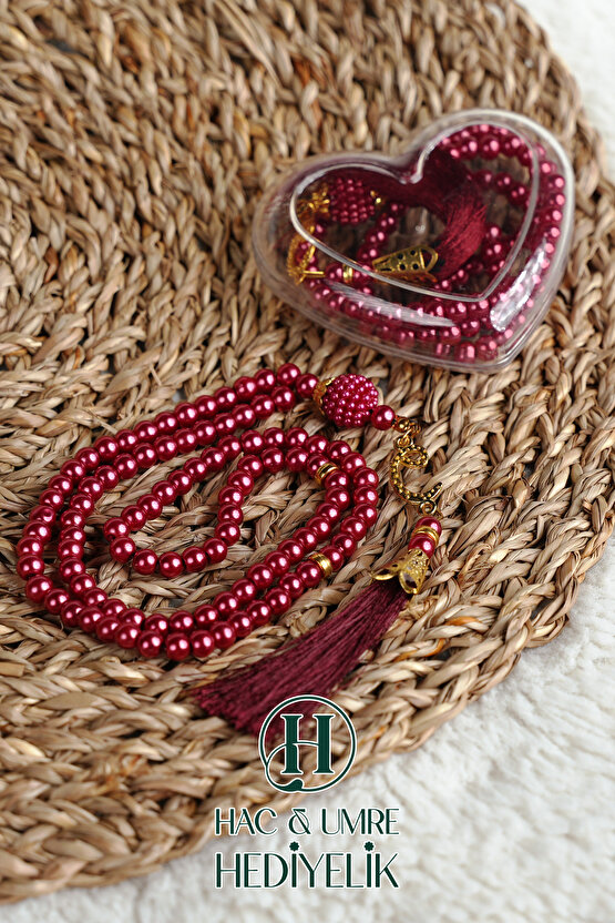 Hediyelik Tesbih | 99lu İnci Tesbih Vav İmameli Püsküllü Kalp Kutulu | Hac Umre Gün Davet Hediyesi