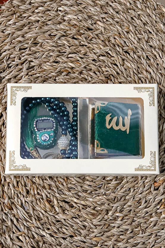 10 Adet - Taşlı Zikirmatik Tesbihmatik Kadife Kaplı Mini Kuran 99lu İnci Tesbih Seti