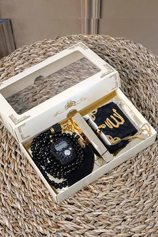 10 Adet - Taşlı Zikirmatik Tesbihmatik Kadife Kaplı Mini Kuran 99lu İnci Tesbih Seti