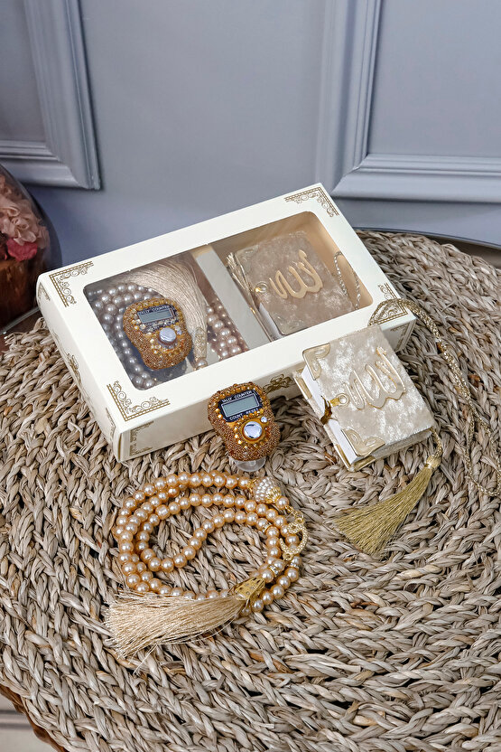 10 Adet - Taşlı Zikirmatik Tesbihmatik Kadife Kaplı Mini Kuran 99lu İnci Tesbih Seti