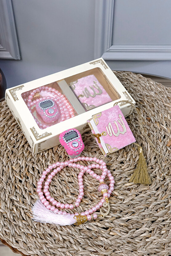 10 Adet - Taşlı Zikirmatik Tesbihmatik Kadife Kaplı Mini Kuran 99lu İnci Tesbih Seti