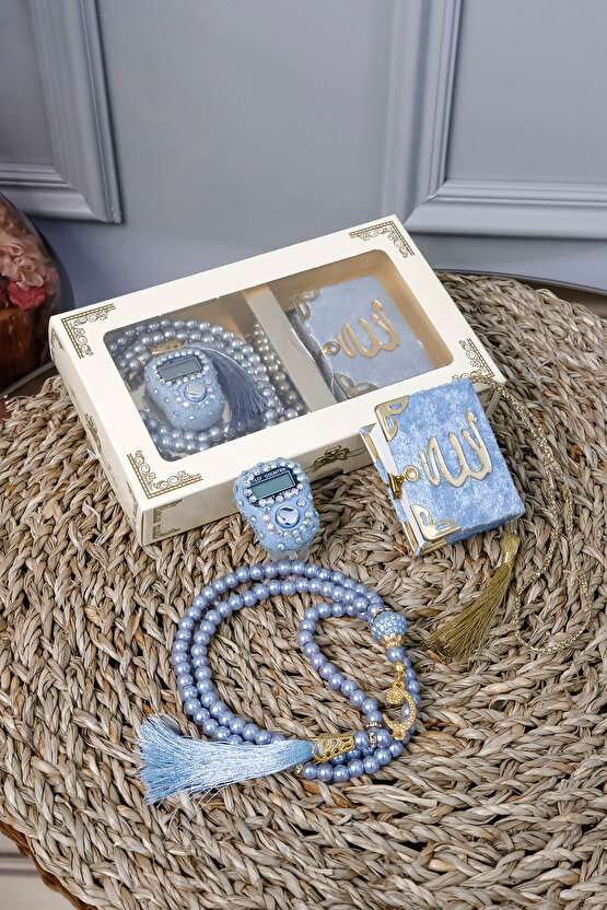 10 Adet - Taşlı Zikirmatik Tesbihmatik Kadife Kaplı Mini Kuran 99lu İnci Tesbih Seti