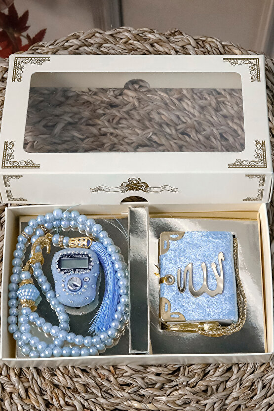 10 Adet - Taşlı Zikirmatik Tesbihmatik Kadife Kaplı Mini Kuran 99lu İnci Tesbih Seti