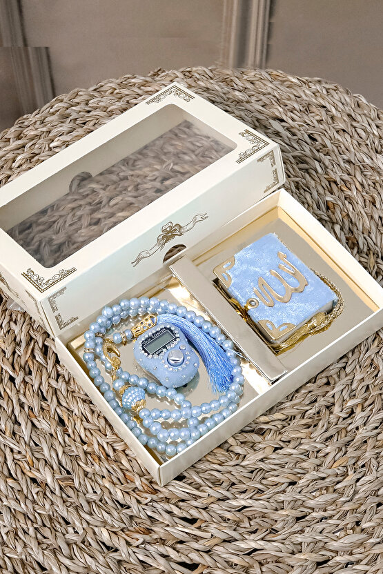 10 Adet - Taşlı Zikirmatik Tesbihmatik Kadife Kaplı Mini Kuran 99lu İnci Tesbih Seti