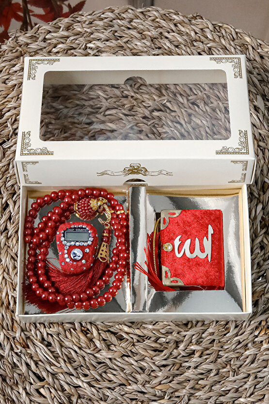 10 Adet Taşlı Zikirmatik Tesbihmatik Kadife Kaplı Mini Kuran 99lu İnci Tesbih Seti