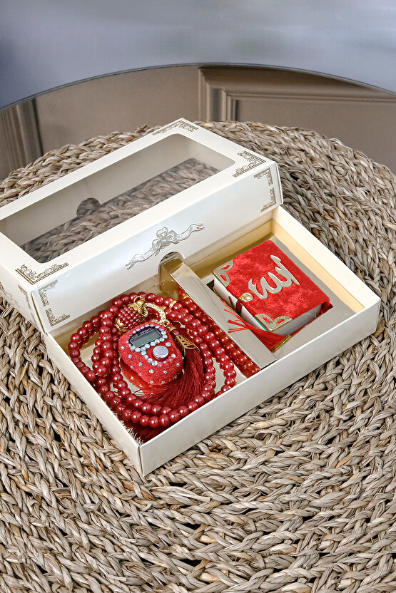 10 Adet Taşlı Zikirmatik Tesbihmatik Kadife Kaplı Mini Kuran 99lu İnci Tesbih Seti