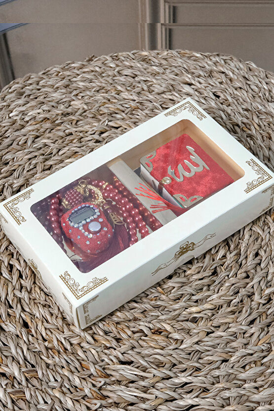 10 Adet Taşlı Zikirmatik Tesbihmatik Kadife Kaplı Mini Kuran 99lu İnci Tesbih Seti