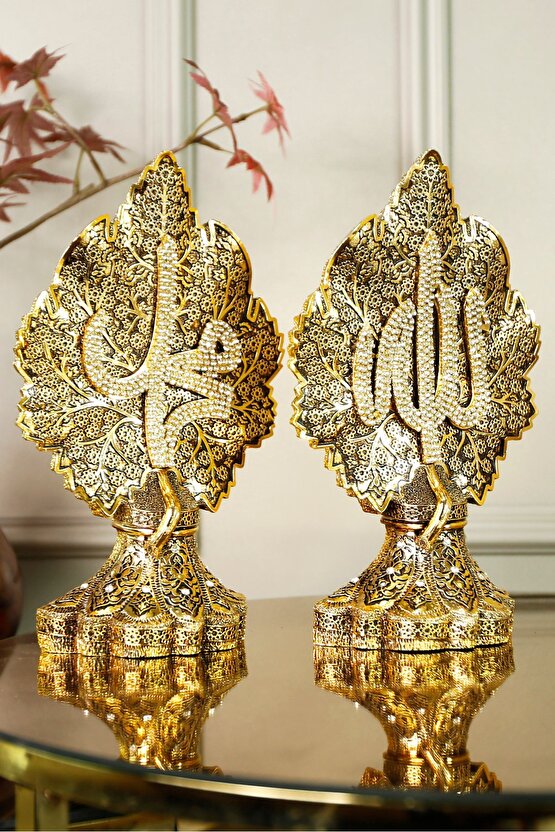 İkili Lüks Dekoratif Biblo Papatya Ve Çınar Yapraklı Allah Muhammed Işlemeli Dekoratif Figür