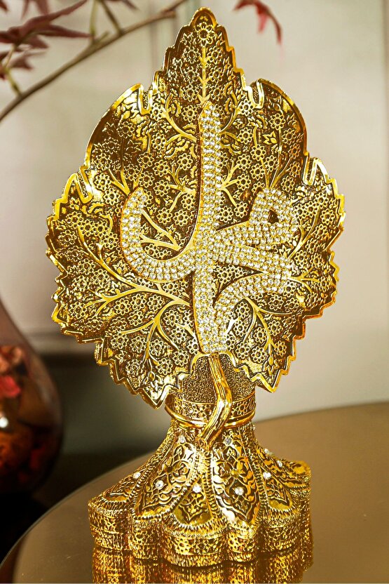 İkili Lüks Dekoratif Biblo Papatya Ve Çınar Yapraklı Allah Muhammed Işlemeli Dekoratif Figür