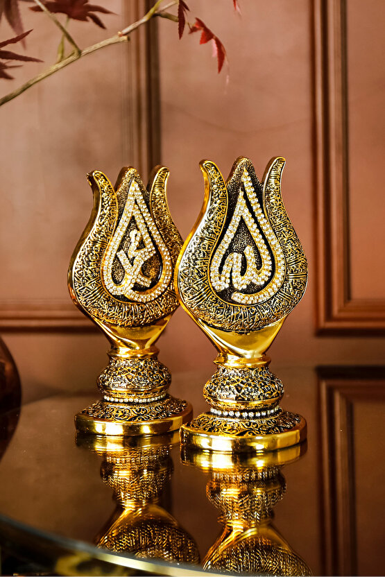 İslami Hediyelik En Güzel Manevi Hediyeler Gold Dekoratif Obje Lale Allah Muhammed Lüks Biblo