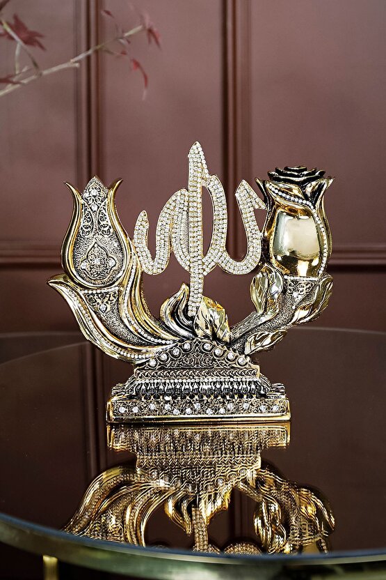 İkili Biblo Gül Lale Allah Muhammed Dini Islami Biblo Aksesuar Hediyelik Dekoratif Obje Süs