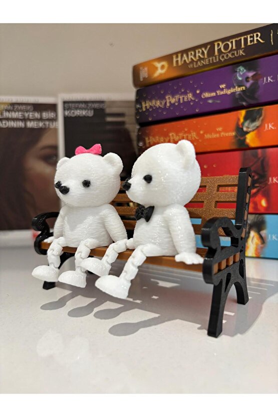 Bankta Oturan İkili Sevimli Ayıcık Figürü  Dekoratif Biblo