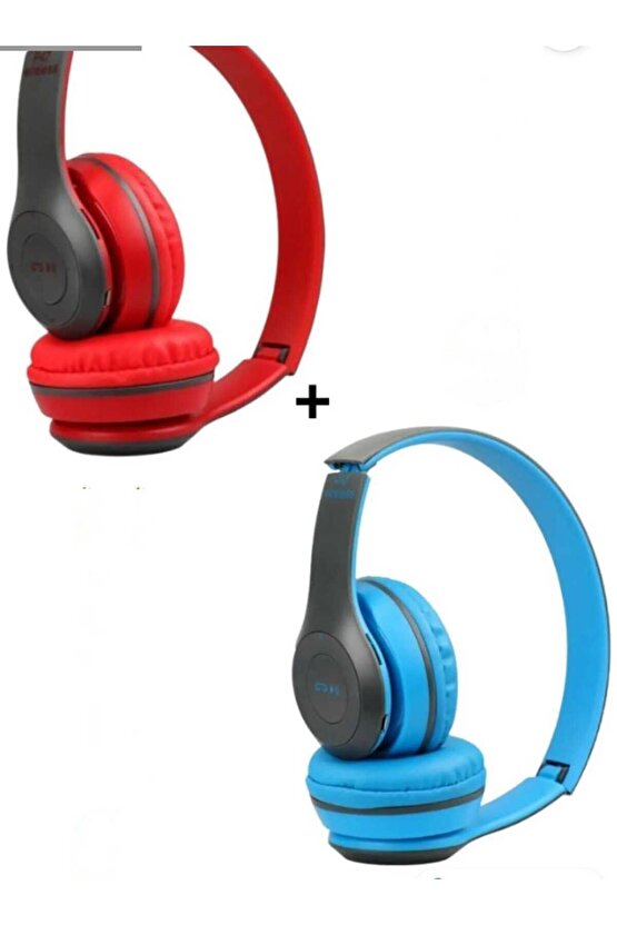 (ÇKR) 2 Adet P47 Extra Bass Wireless Bluetooth Kulaklık 5.1 Edr Kırmızı Mavi 2 Adet