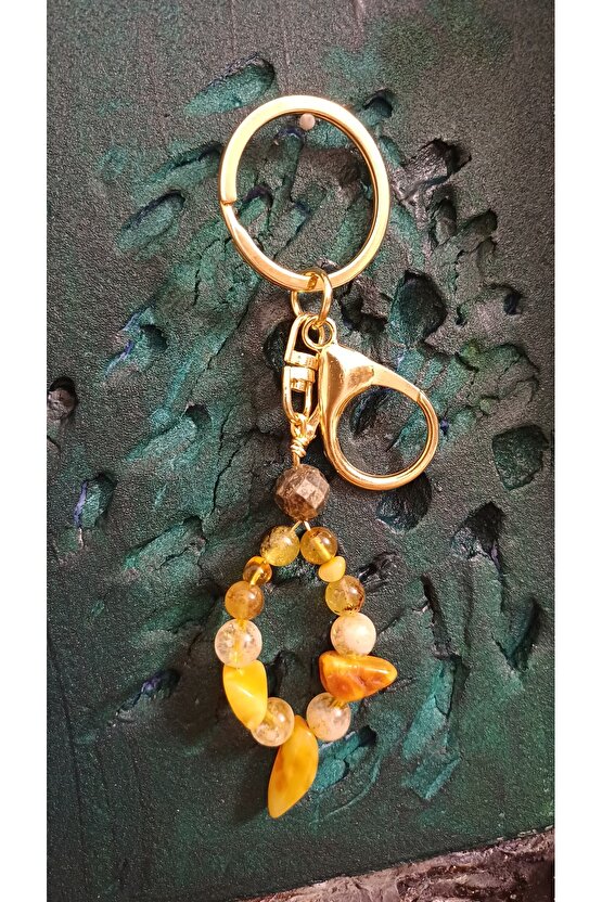 Doğal Taş Damla Kehribar & Sitrin Anahtarlik Bereket Koruma