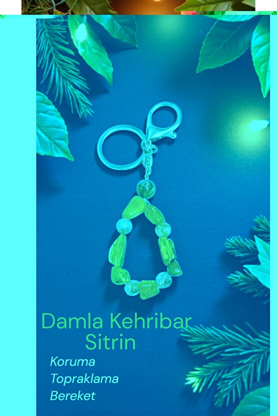 Doğal Taş Damla Kehribar & Sitrin Anahtarlik Bereket Koruma