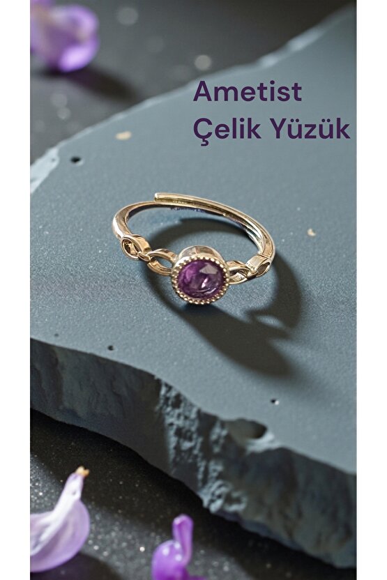 Doğal Taş AMETİST Çelik Yüzük Ayarlanabilir Ebat