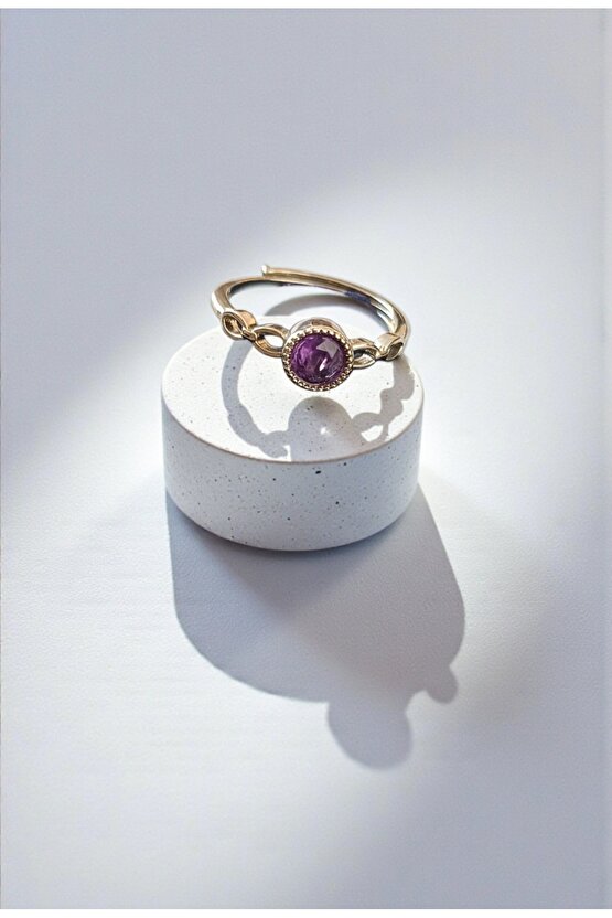 Doğal Taş AMETİST Çelik Yüzük Ayarlanabilir Ebat