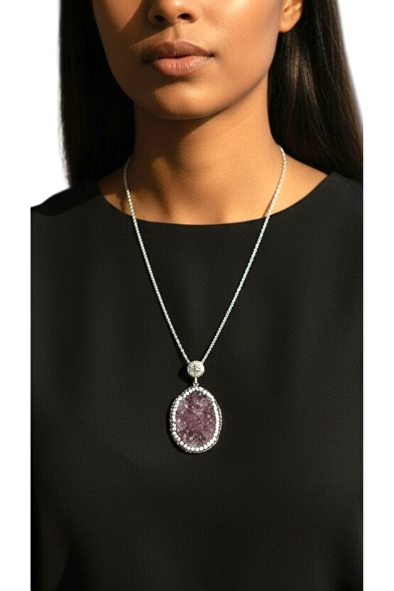 Doğal Taş AMETİST KRİSTAL Kolye Çelik Zincir Doğal Kesim