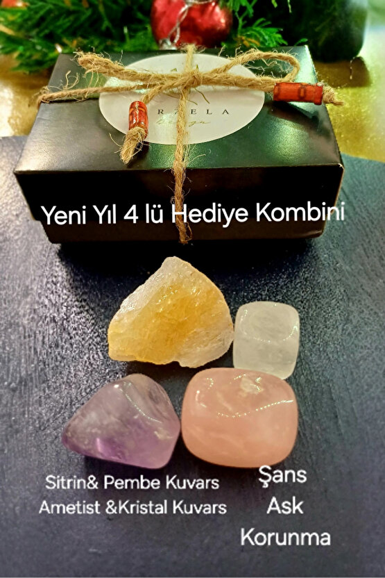 Doğal Taş Hediyelik 4 lü kombin Sitrin Pembe Kuvars Ametist Kristal Kuvars