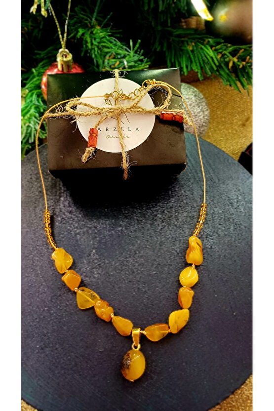 Doğal Taş Damla Kehribar Kolye Celik Aparat