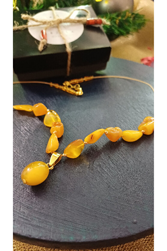 Doğal Taş Damla Kehribar Kolye Celik Aparat