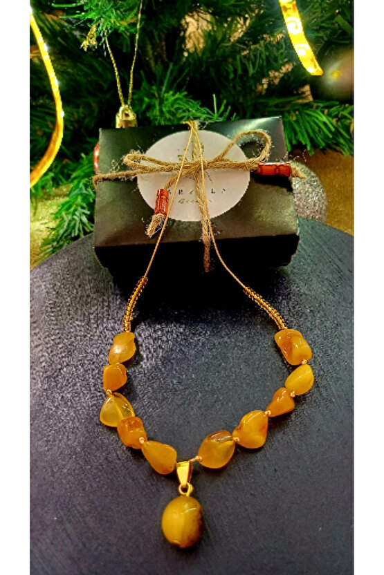 Doğal Taş Damla Kehribar Kolye Celik Aparat