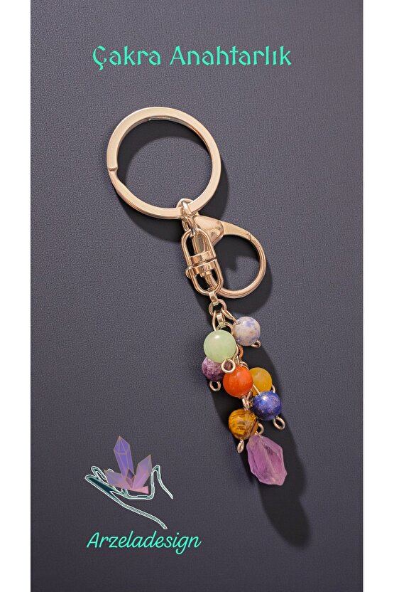 Doğal Taş Çakra Anahtarlik Paslanmaz Çelik Zincir, 8mm Taş