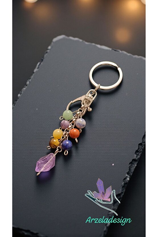 Doğal Taş Çakra Anahtarlik Paslanmaz Çelik Zincir, 8mm Taş