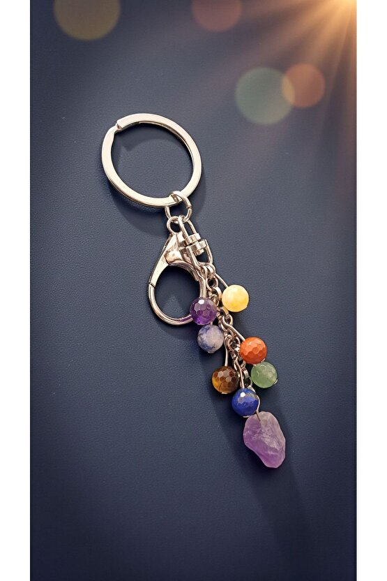 Doğal Taş Çakra Anahtarlik Faset Kesim 8mm Taş Celik Zincir