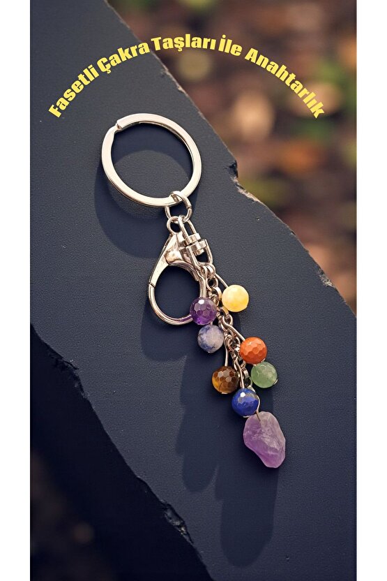 Doğal Taş Çakra Anahtarlik Faset Kesim 8mm Taş Celik Zincir