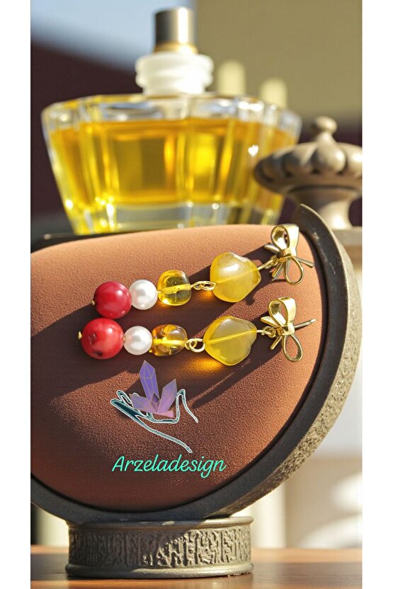 Doğal Tas Kehribar İnci Mercan Altın Kaplama Küpe