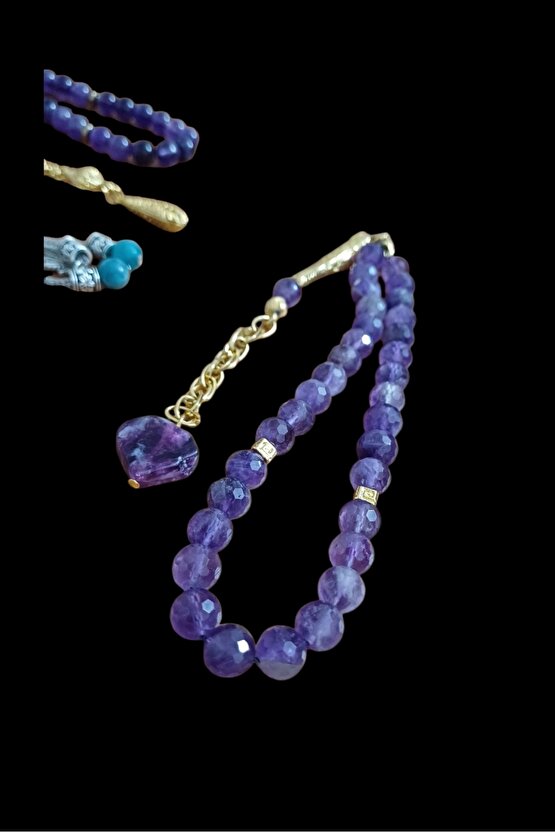 Doğal Taş AMETİST KRISTAL KESİM ERKEK TESBİH 33 LÜ 8mm taş ve LEPİDOLİT TAŞ UÇ
