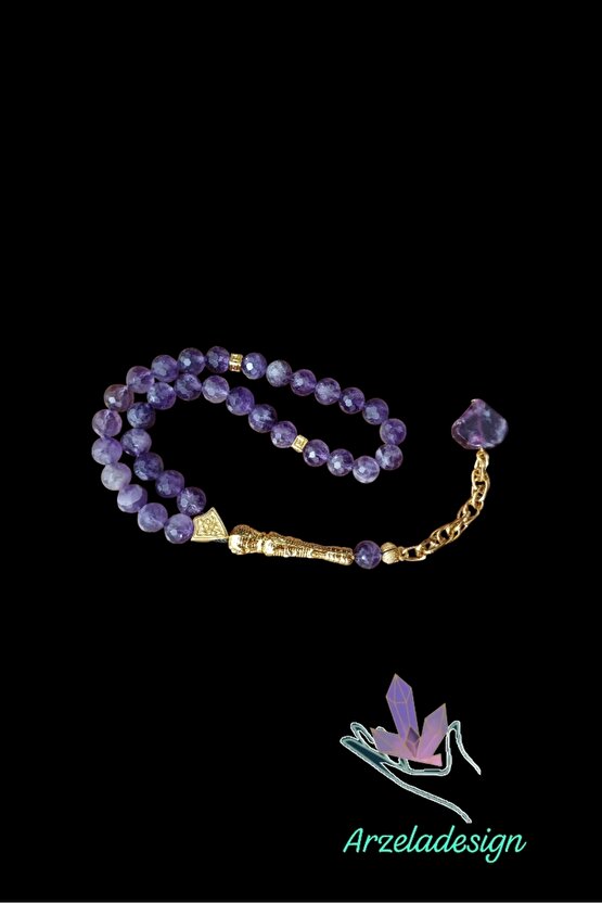 Doğal Taş AMETİST KRISTAL KESİM ERKEK TESBİH 33 LÜ 8mm taş ve LEPİDOLİT TAŞ UÇ