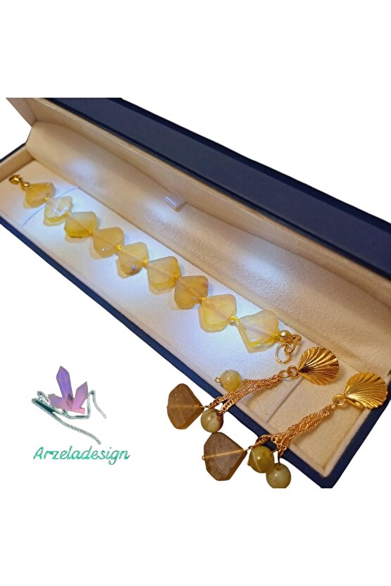 Doğal Taş Sarı Florit Bileklik ve Küpe Seti Dahi Taşı